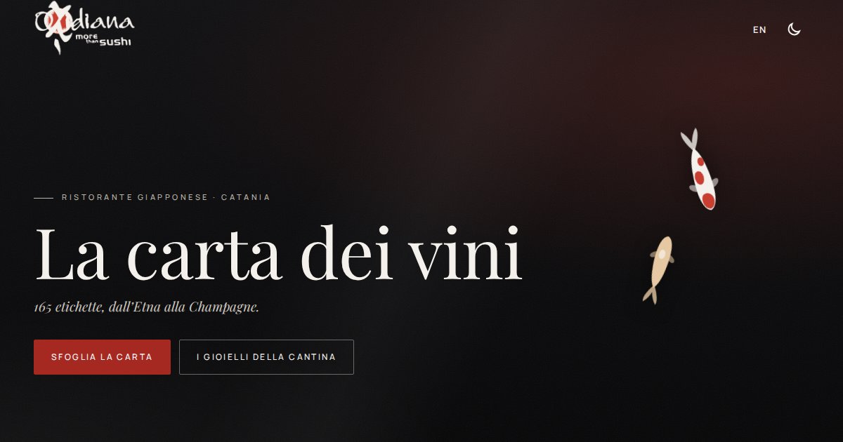 L'apertura del sito: fondo scuro, due carpe koi e il titolo La carta dei vini