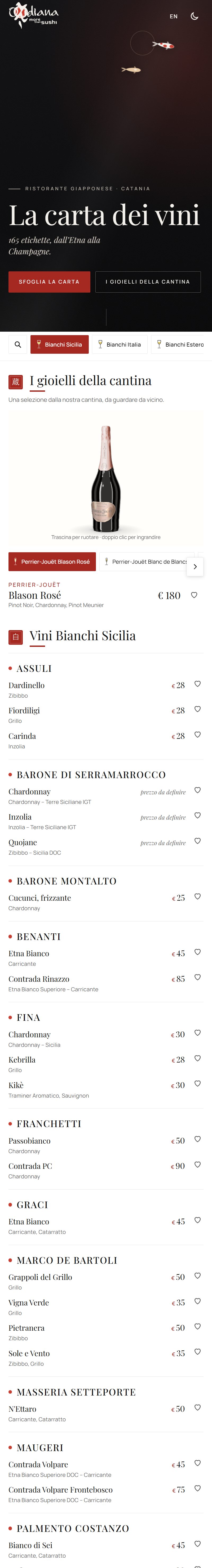 Il sito visto dal telefono: l'apertura, la vetrina con una bottiglia in 3D e l'elenco dei vini bianchi di Sicilia con i prezzi